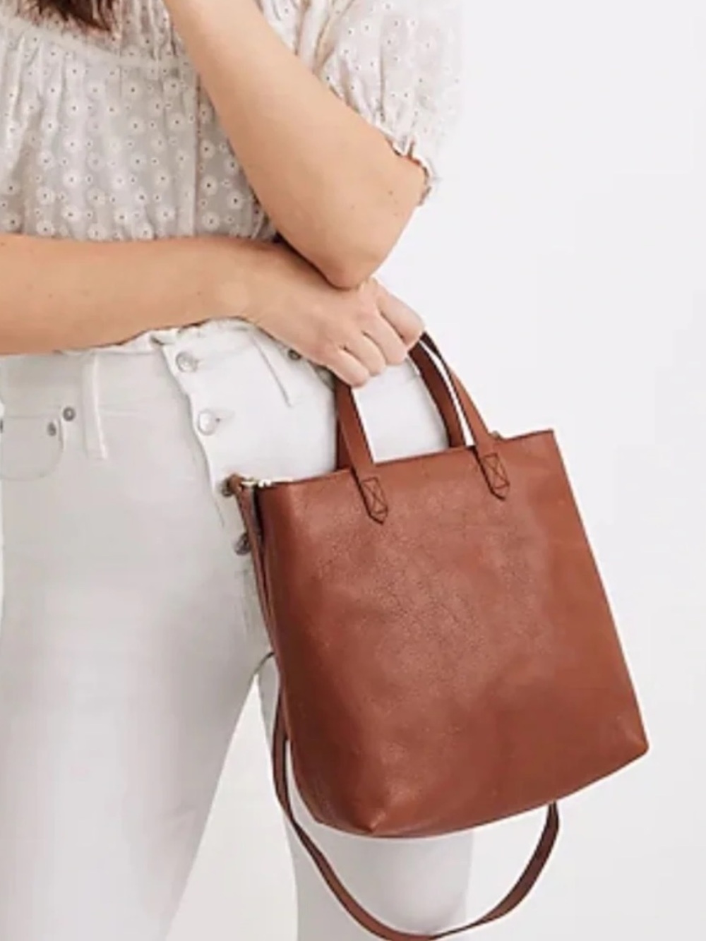 Madewell Transport Leather Zip Top Tote Bag in Cognac Brown